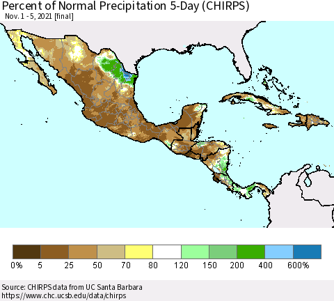 Mexico Central America and the Caribbean Percent of Normal Precipitation 5-Day (CHIRPS) Thematic Map For 11/1/2021 - 11/5/2021