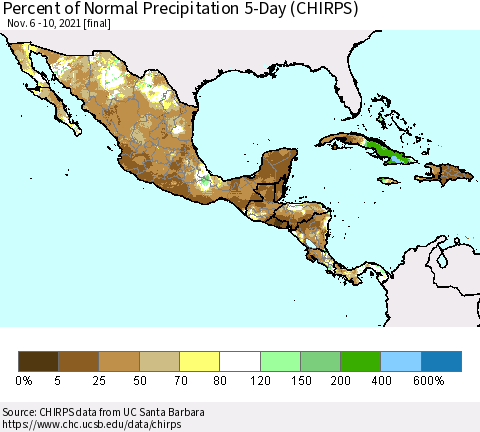 Mexico Central America and the Caribbean Percent of Normal Precipitation 5-Day (CHIRPS) Thematic Map For 11/6/2021 - 11/10/2021