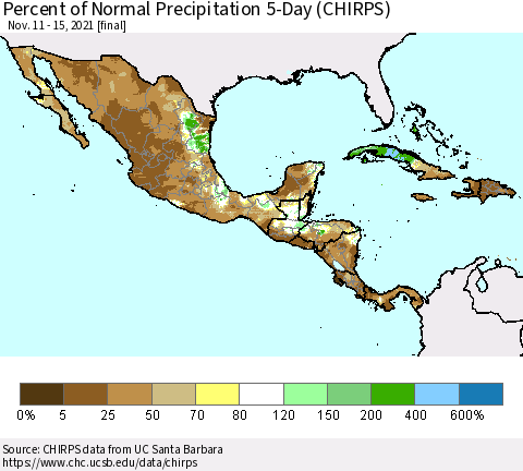 Mexico Central America and the Caribbean Percent of Normal Precipitation 5-Day (CHIRPS) Thematic Map For 11/11/2021 - 11/15/2021