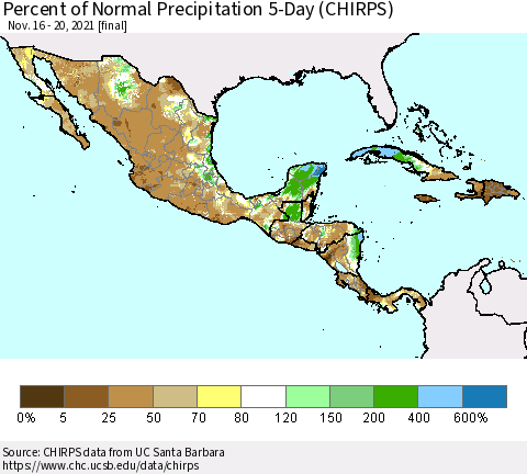 Mexico Central America and the Caribbean Percent of Normal Precipitation 5-Day (CHIRPS) Thematic Map For 11/16/2021 - 11/20/2021