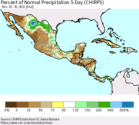 Mexico Central America and the Caribbean Percent of Normal Precipitation 5-Day (CHIRPS) Thematic Map For 11/26/2021 - 11/30/2021