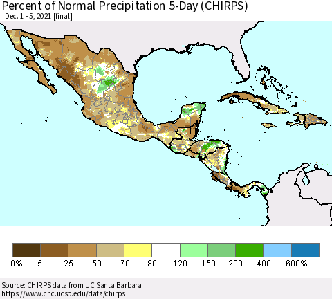 Mexico Central America and the Caribbean Percent of Normal Precipitation 5-Day (CHIRPS) Thematic Map For 12/1/2021 - 12/5/2021