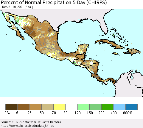 Mexico Central America and the Caribbean Percent of Normal Precipitation 5-Day (CHIRPS) Thematic Map For 12/6/2021 - 12/10/2021