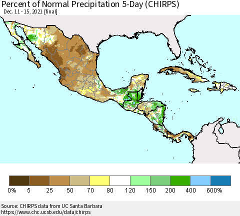 Mexico Central America and the Caribbean Percent of Normal Precipitation 5-Day (CHIRPS) Thematic Map For 12/11/2021 - 12/15/2021