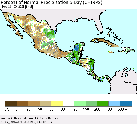 Mexico Central America and the Caribbean Percent of Normal Precipitation 5-Day (CHIRPS) Thematic Map For 12/16/2021 - 12/20/2021