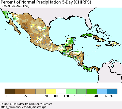 Mexico Central America and the Caribbean Percent of Normal Precipitation 5-Day (CHIRPS) Thematic Map For 12/21/2021 - 12/25/2021
