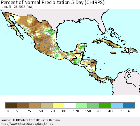 Mexico Central America and the Caribbean Percent of Normal Precipitation 5-Day (CHIRPS) Thematic Map For 1/21/2022 - 1/25/2022