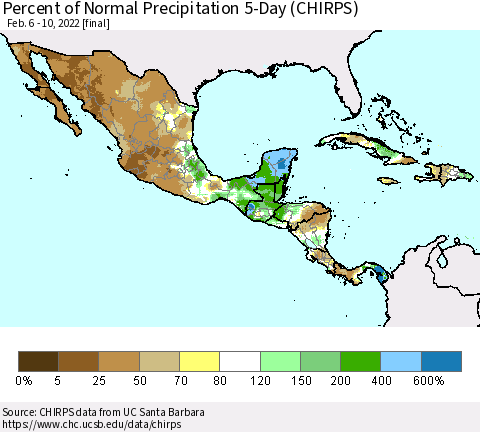 Mexico Central America and the Caribbean Percent of Normal Precipitation 5-Day (CHIRPS) Thematic Map For 2/6/2022 - 2/10/2022