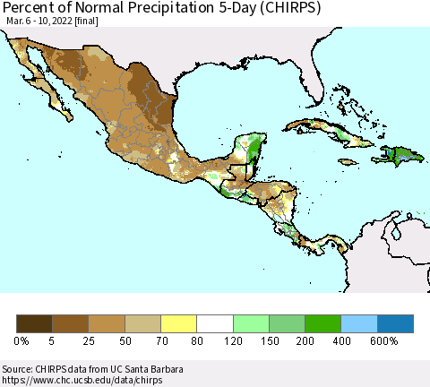 Mexico Central America and the Caribbean Percent of Normal Precipitation 5-Day (CHIRPS) Thematic Map For 3/6/2022 - 3/10/2022