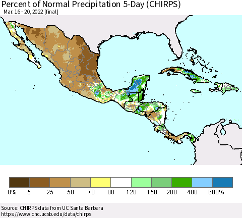 Mexico Central America and the Caribbean Percent of Normal Precipitation 5-Day (CHIRPS) Thematic Map For 3/16/2022 - 3/20/2022