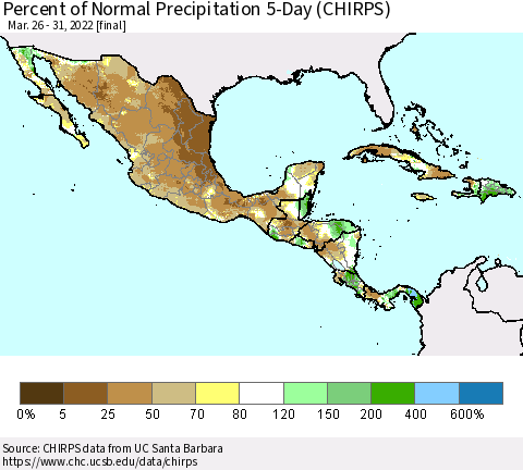 Mexico Central America and the Caribbean Percent of Normal Precipitation 5-Day (CHIRPS) Thematic Map For 3/26/2022 - 3/31/2022