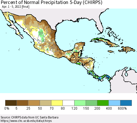 Mexico Central America and the Caribbean Percent of Normal Precipitation 5-Day (CHIRPS) Thematic Map For 4/1/2022 - 4/5/2022