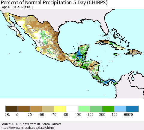 Mexico Central America and the Caribbean Percent of Normal Precipitation 5-Day (CHIRPS) Thematic Map For 4/6/2022 - 4/10/2022