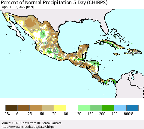 Mexico Central America and the Caribbean Percent of Normal Precipitation 5-Day (CHIRPS) Thematic Map For 4/11/2022 - 4/15/2022