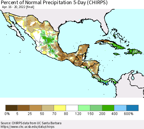 Mexico Central America and the Caribbean Percent of Normal Precipitation 5-Day (CHIRPS) Thematic Map For 4/16/2022 - 4/20/2022