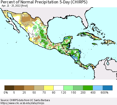 Mexico Central America and the Caribbean Percent of Normal Precipitation 5-Day (CHIRPS) Thematic Map For 4/21/2022 - 4/25/2022