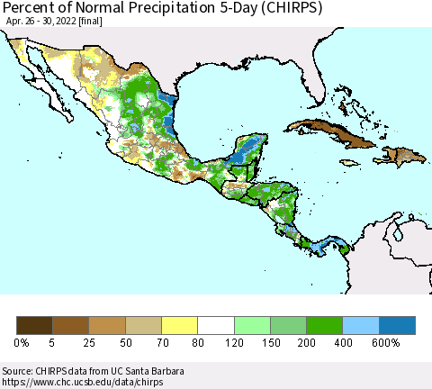 Mexico Central America and the Caribbean Percent of Normal Precipitation 5-Day (CHIRPS) Thematic Map For 4/26/2022 - 4/30/2022
