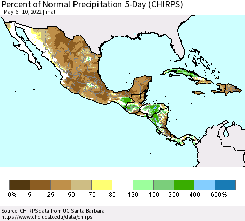 Mexico Central America and the Caribbean Percent of Normal Precipitation 5-Day (CHIRPS) Thematic Map For 5/6/2022 - 5/10/2022