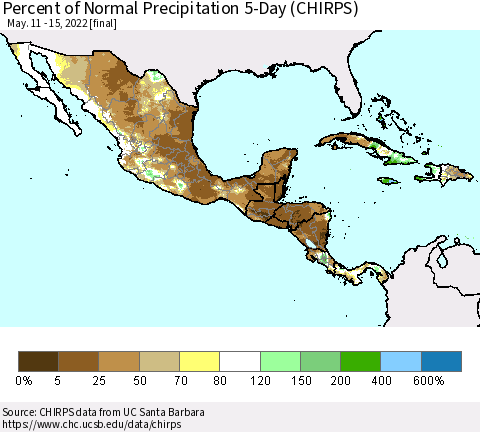 Mexico Central America and the Caribbean Percent of Normal Precipitation 5-Day (CHIRPS) Thematic Map For 5/11/2022 - 5/15/2022