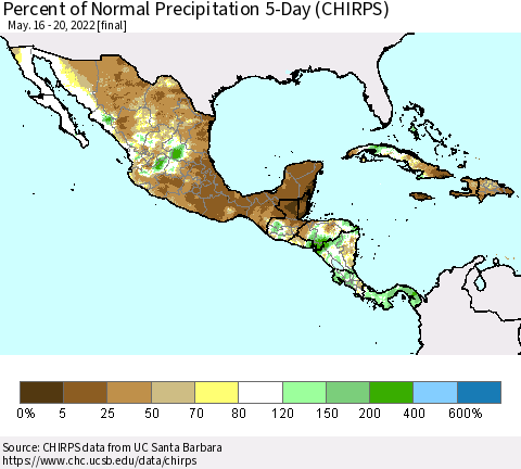 Mexico Central America and the Caribbean Percent of Normal Precipitation 5-Day (CHIRPS) Thematic Map For 5/16/2022 - 5/20/2022