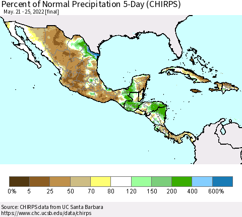 Mexico Central America and the Caribbean Percent of Normal Precipitation 5-Day (CHIRPS) Thematic Map For 5/21/2022 - 5/25/2022