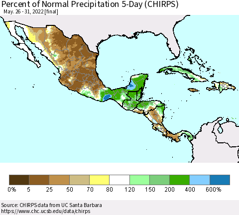 Mexico Central America and the Caribbean Percent of Normal Precipitation 5-Day (CHIRPS) Thematic Map For 5/26/2022 - 5/31/2022