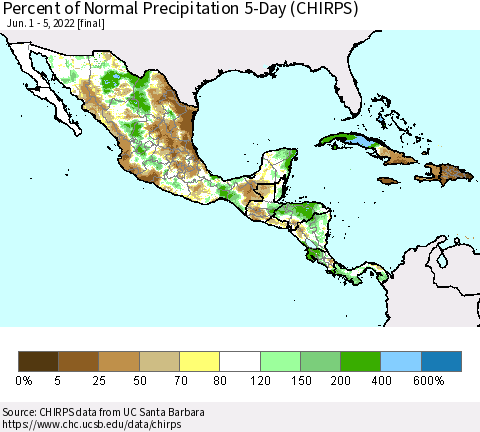Mexico Central America and the Caribbean Percent of Normal Precipitation 5-Day (CHIRPS) Thematic Map For 6/1/2022 - 6/5/2022