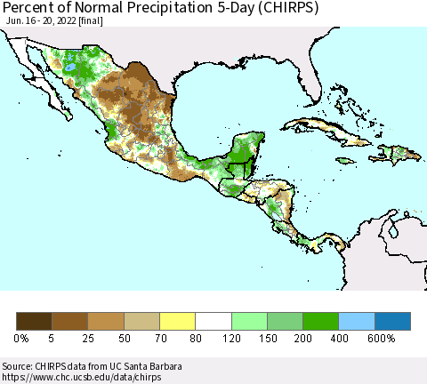 Mexico Central America and the Caribbean Percent of Normal Precipitation 5-Day (CHIRPS) Thematic Map For 6/16/2022 - 6/20/2022