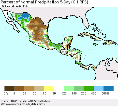 Mexico Central America and the Caribbean Percent of Normal Precipitation 5-Day (CHIRPS) Thematic Map For 6/21/2022 - 6/25/2022