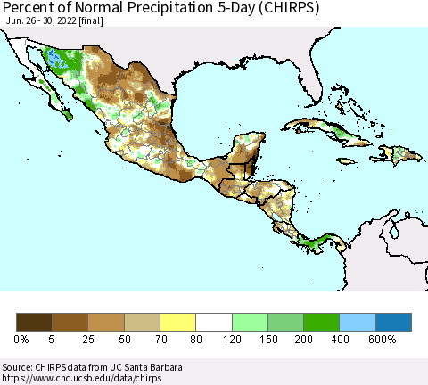 Mexico Central America and the Caribbean Percent of Normal Precipitation 5-Day (CHIRPS) Thematic Map For 6/26/2022 - 6/30/2022