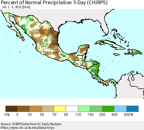 Mexico Central America and the Caribbean Percent of Normal Precipitation 5-Day (CHIRPS) Thematic Map For 7/1/2022 - 7/5/2022