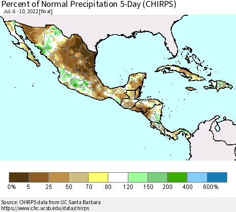 Mexico Central America and the Caribbean Percent of Normal Precipitation 5-Day (CHIRPS) Thematic Map For 7/6/2022 - 7/10/2022