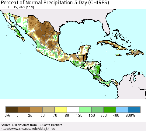 Mexico Central America and the Caribbean Percent of Normal Precipitation 5-Day (CHIRPS) Thematic Map For 7/11/2022 - 7/15/2022