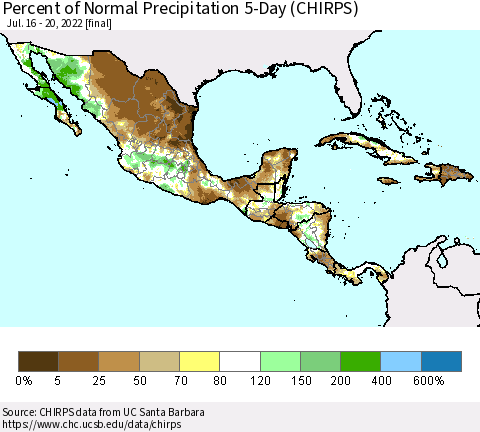 Mexico Central America and the Caribbean Percent of Normal Precipitation 5-Day (CHIRPS) Thematic Map For 7/16/2022 - 7/20/2022