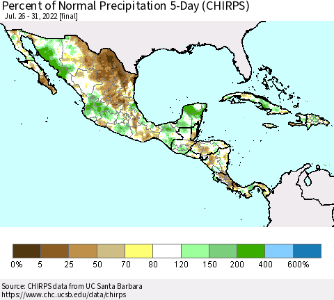 Mexico Central America and the Caribbean Percent of Normal Precipitation 5-Day (CHIRPS) Thematic Map For 7/26/2022 - 7/31/2022