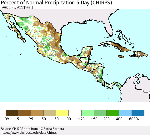 Mexico Central America and the Caribbean Percent of Normal Precipitation 5-Day (CHIRPS) Thematic Map For 8/1/2022 - 8/5/2022