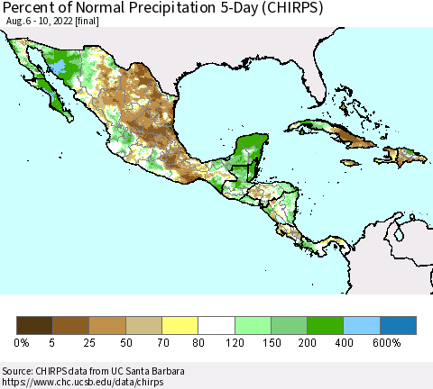 Mexico Central America and the Caribbean Percent of Normal Precipitation 5-Day (CHIRPS) Thematic Map For 8/6/2022 - 8/10/2022