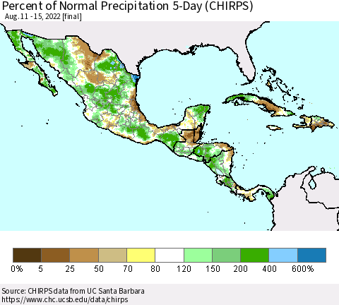 Mexico Central America and the Caribbean Percent of Normal Precipitation 5-Day (CHIRPS) Thematic Map For 8/11/2022 - 8/15/2022