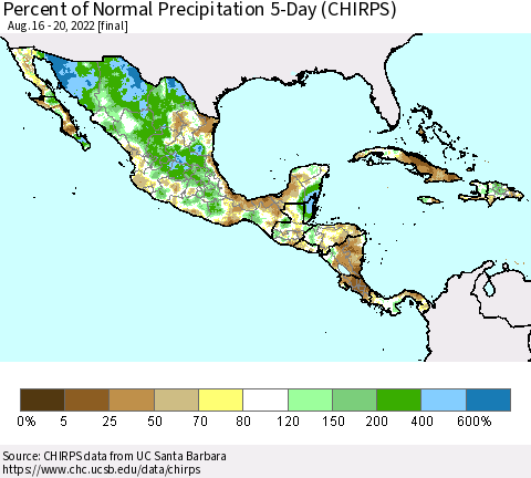 Mexico Central America and the Caribbean Percent of Normal Precipitation 5-Day (CHIRPS) Thematic Map For 8/16/2022 - 8/20/2022