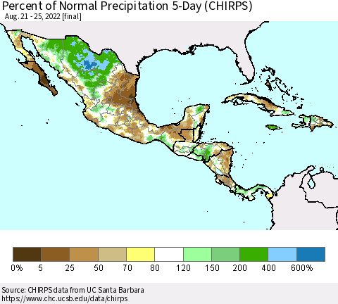 Mexico Central America and the Caribbean Percent of Normal Precipitation 5-Day (CHIRPS) Thematic Map For 8/21/2022 - 8/25/2022