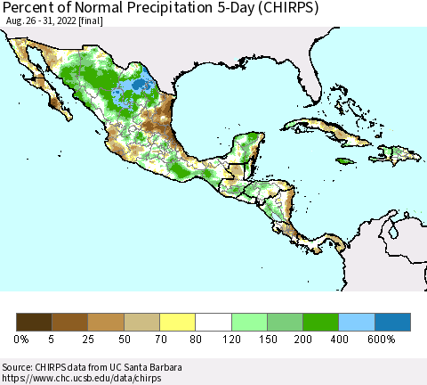Mexico Central America and the Caribbean Percent of Normal Precipitation 5-Day (CHIRPS) Thematic Map For 8/26/2022 - 8/31/2022
