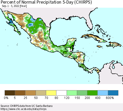 Mexico Central America and the Caribbean Percent of Normal Precipitation 5-Day (CHIRPS) Thematic Map For 9/1/2022 - 9/5/2022