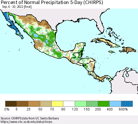 Mexico Central America and the Caribbean Percent of Normal Precipitation 5-Day (CHIRPS) Thematic Map For 9/6/2022 - 9/10/2022