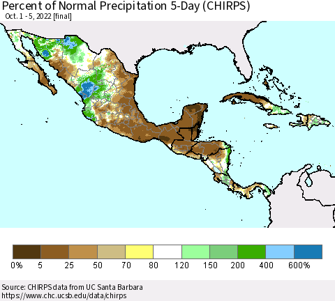 Mexico Central America and the Caribbean Percent of Normal Precipitation 5-Day (CHIRPS) Thematic Map For 10/1/2022 - 10/5/2022