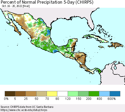 Mexico Central America and the Caribbean Percent of Normal Precipitation 5-Day (CHIRPS) Thematic Map For 10/16/2022 - 10/20/2022