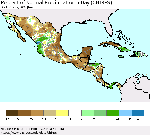 Mexico Central America and the Caribbean Percent of Normal Precipitation 5-Day (CHIRPS) Thematic Map For 10/21/2022 - 10/25/2022