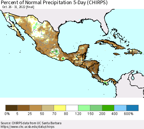 Mexico Central America and the Caribbean Percent of Normal Precipitation 5-Day (CHIRPS) Thematic Map For 10/26/2022 - 10/31/2022