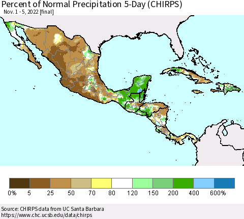 Mexico Central America and the Caribbean Percent of Normal Precipitation 5-Day (CHIRPS) Thematic Map For 11/1/2022 - 11/5/2022