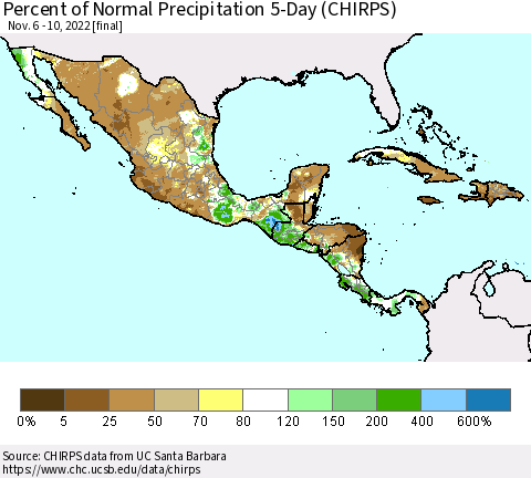Mexico Central America and the Caribbean Percent of Normal Precipitation 5-Day (CHIRPS) Thematic Map For 11/6/2022 - 11/10/2022