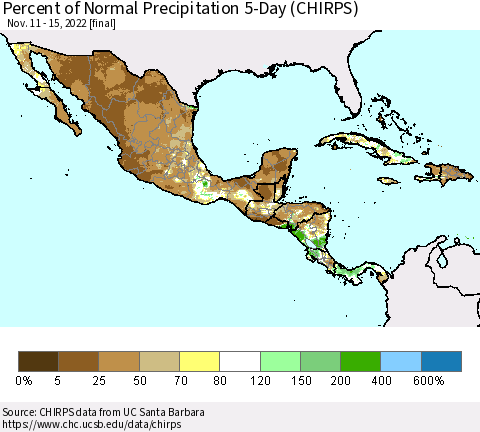Mexico Central America and the Caribbean Percent of Normal Precipitation 5-Day (CHIRPS) Thematic Map For 11/11/2022 - 11/15/2022